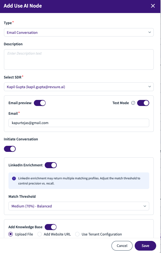 Form for adding an AI node in an email conversation with various settings.